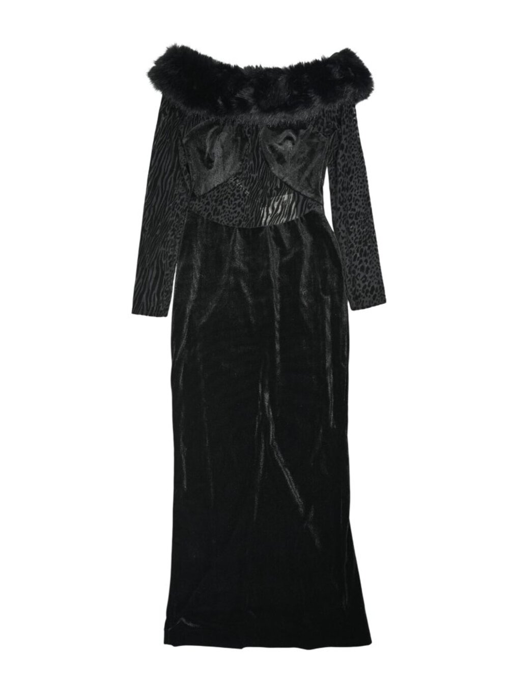 Miss Circle Alexis Black Velvet Animal Print Fur Boatneck Maxi Dress in Black